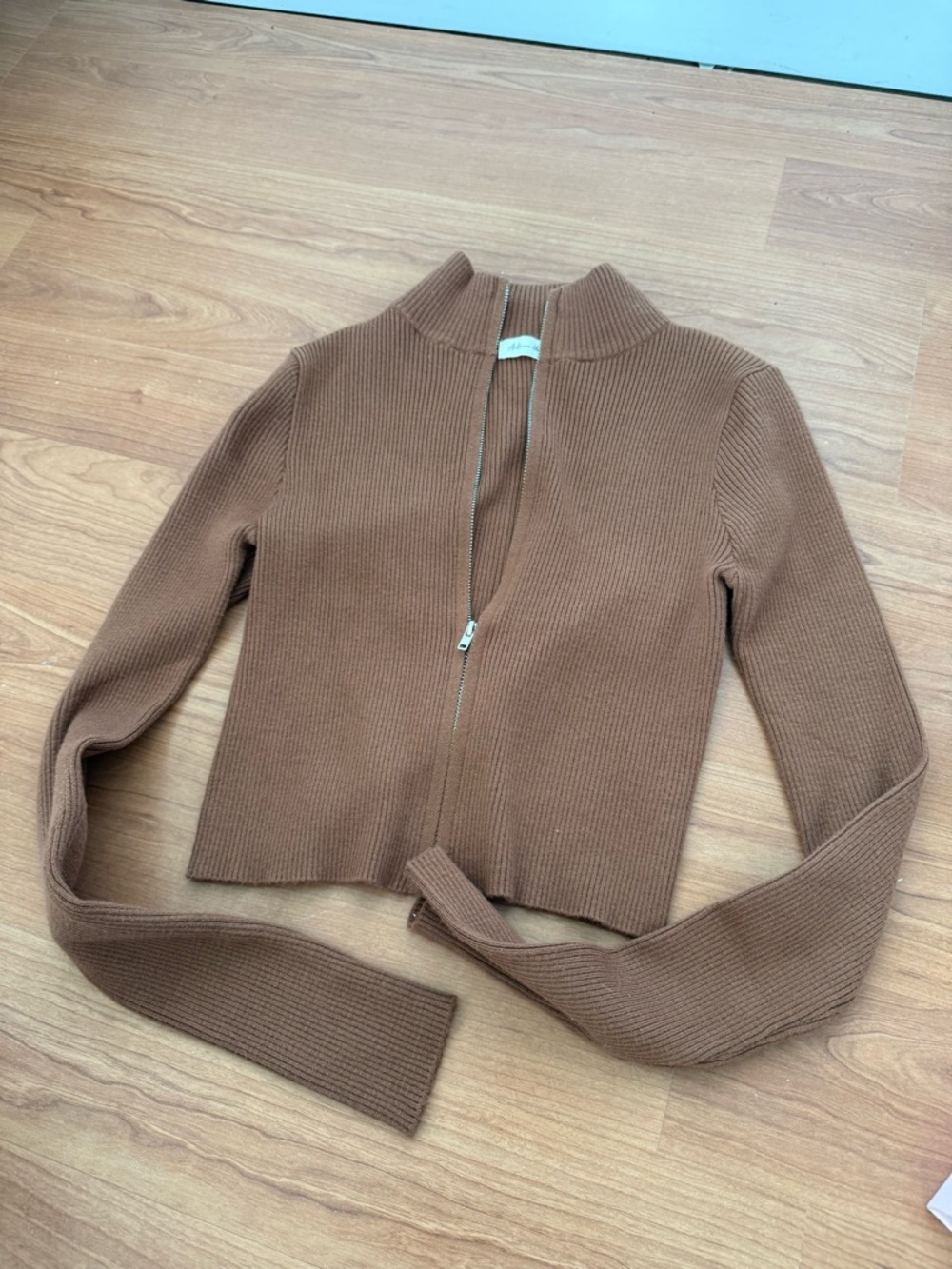 Cropped Brown Ribbed Zip-Front Women's Sweater